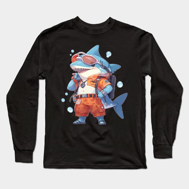 Funny Anime Shark Scuba Diver Long Sleeve T-Shirt by DanielLiamGill